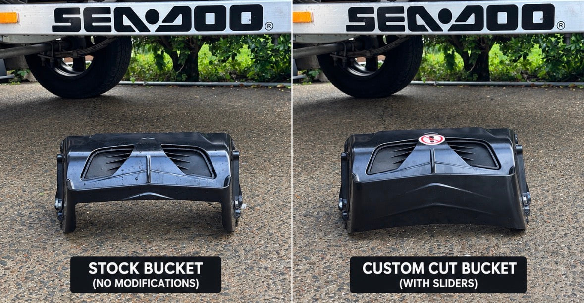 Stock Sea-Doo bucket next to the Trimco custom-cut bucket with sliders